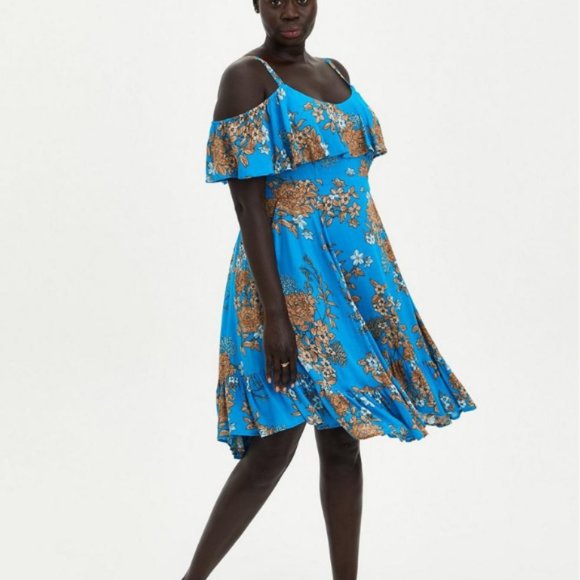torrid Dresses & Skirts - Torrid Plus Mini Gauze Cold Shoulder Skater Dress Blue Floral